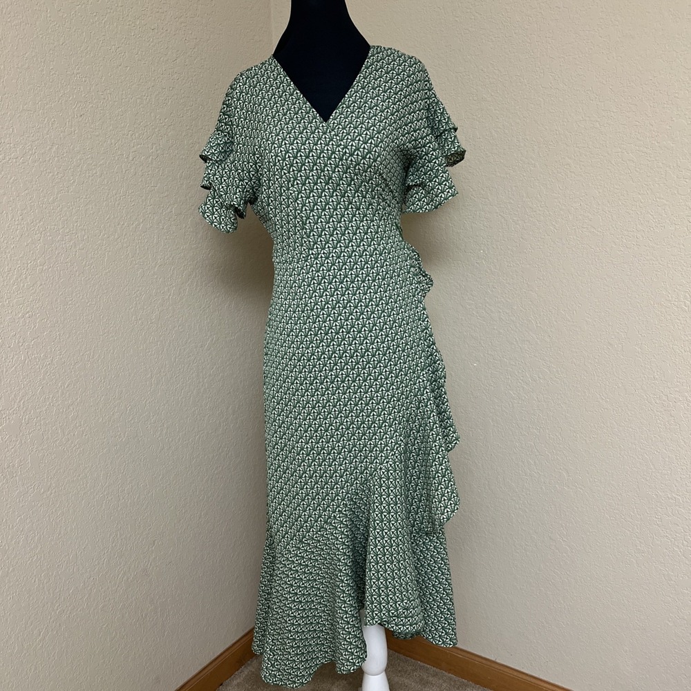 Max Studio Women's Dress Ruffle Wrap Summer Midi Dress Floral Size Small Green